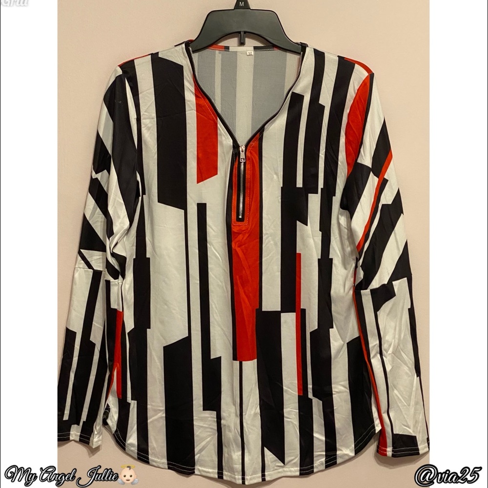 V- Neckline Zipper Long Sleeve Women’s Blouse Color: Red, Black and White